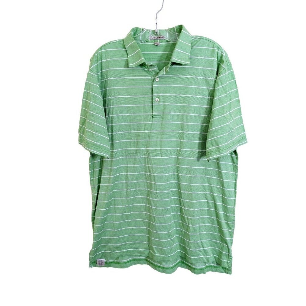 Vintage Peter Millar Mens Large Golf Polo Shirt Green White Stripe Short Sleeve